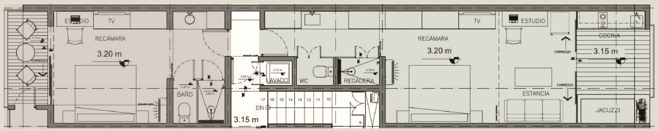 Ahjal suite floor plan: studio, entry and laundry, and main suite with kitchen and terrace plunge tub