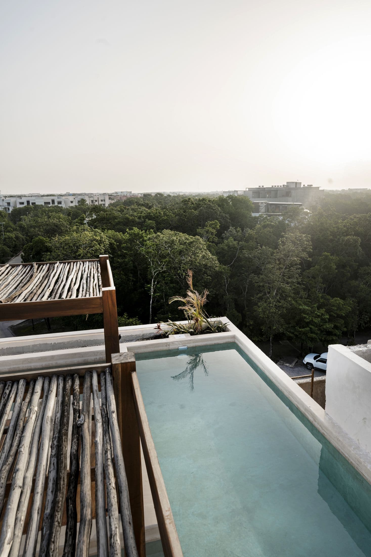 Ahjal rooftop pool over the Tulum jungle at sunset